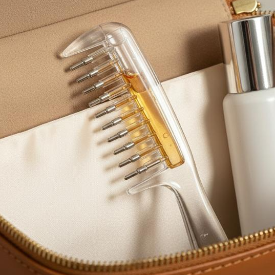 Hair Care Essential - หวีนวดสำหรับน้ำมันหอมระเหยแบบโปร่งใสพร้อมที่เก็บของเหลวในตัว ซี่หวีโลหะแบบลูกกลิ้งสำหรับดูแลหนังศีรษะและเส้นผม