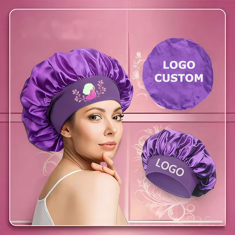 Hair Care Logo - หมวกไหมซาติน หมวกคลุมผมสำหรับนอน 2 ชิ้น ปรับแต่งโลโก้ได้ พร้อมแถบยางยืด