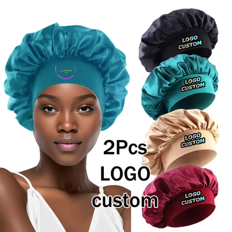 Hair Care Logo - หมวกไหมซาตินสำหรับนอนหลับ สามารถสกรีนโลโก้ได้ 2 ชิ้น หมวกดูแลเส้นผมพร้อมแถบยางยืด สำหรับผมยาว