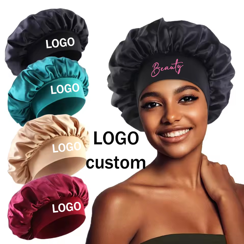 Hair Care Logo - หมวกไหมซาตินสำหรับดูแลเส้นผม พร้อมปักโลโก้ส่วนตัว หมวกคลุมผมสำหรับนอน พร้อมแถบยางยืดปรับได้ อุปกรณ์เสริมสำหรับผม