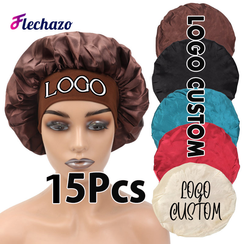 Hair Care Logo - หมวกไหมซาตินสำหรับนอนหลับ สามารถสกรีนโลโก้ได้ แพ็ค 15 ชิ้น หมวกดูแลเส้นผมพร้อมแถบยางยืด