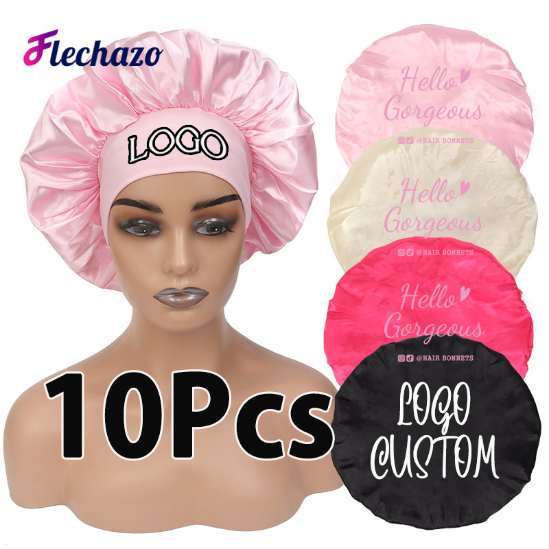 Hair Care Logo - หมวกไหมซาตินสำหรับดูแลเส้นผม ปรับแต่งโลโก้ได้ 10 ชิ้น หมวกคลุมผมสำหรับนอน พร้อมแถบยางยืดปรับได้