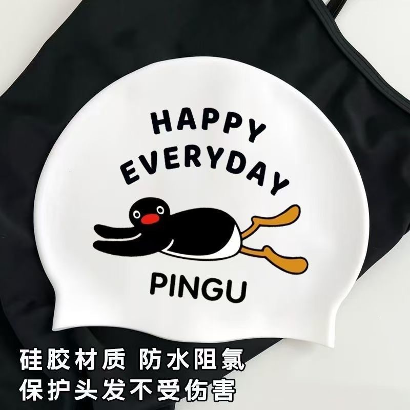 Hair Care Japan Products - หมวกว่ายน้ำสำหรับผู้ใหญ่รุ่น Pingu Penguin กันน้ำ ดูแลเส้นผม ซิลิโคนป้องกันสารเคมี