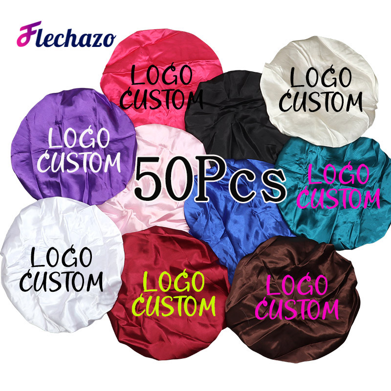 Hair Care Logo - หมวกไหมซาตินสำหรับดูแลเส้นผม 50 ชิ้น ขายส่ง หมวกคลุมผมสำหรับนอน หมวกคลุมผมพร้อมแถบยางยืดปรับได้